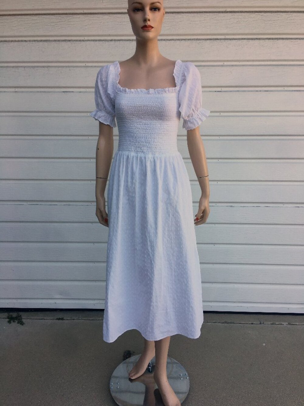Reformation White Eyelet Midi Dress Puff Sleeves Smocked Bodice sz M